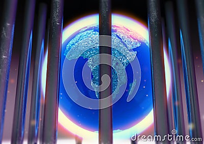 Close up of world globe behind bars Stock Photo