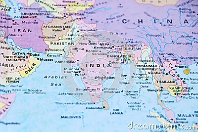 close up of a world map with asian side, India subcontinental in focus Editorial Stock Photo