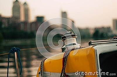 Close up yacht winches and ropes details. Stock Photo