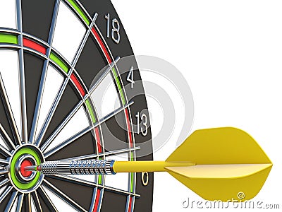 Close up yellow dart arrow on center of dartboard 3D Cartoon Illustration