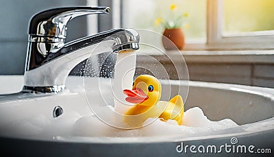 Rubber Toy Duck Taking a Bath in a White Sink - Generative Ai Stock Photo