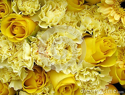 Close up of yellow roses, carnations and gerbera background Stock Photo
