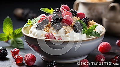 Vibrant Breakfast: Capture the Culinary Scene of a Yogurt Bowl Teeming with Mixed Berries, Granola Stock Photo