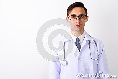 Close up of young handsome nerd man doctor wearing eyeglasses ag Stock Photo