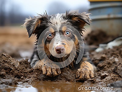 Close-up of young homeless Australian Shepherd puppy with muddy paws lying down. Rescue, care of homeless animals. Shelters, Stock Photo