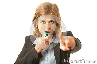 Female Whistle Blower Pointing at You Stock Photo