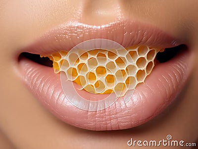 close-up. young woman eats honeycomb with honey. Stock Photo