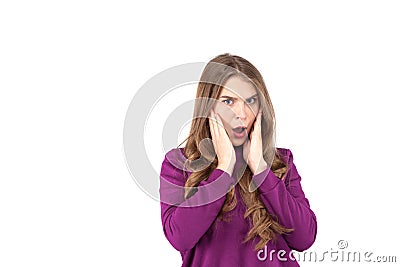 Close up of young woman who is shocked, surprised and astonished. Human facial expressions and emotions. White background. Stock Photo