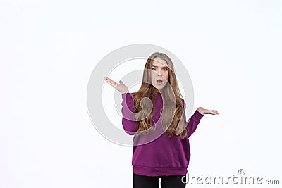 Close up of young woman who is shocked, surprised and astonished. Human facial expressions and emotions. White background. Stock Photo