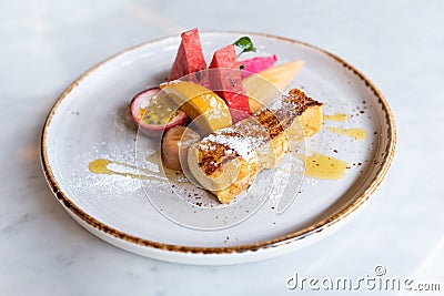 Close up of yummy french toast with fresh fruits Stock Photo