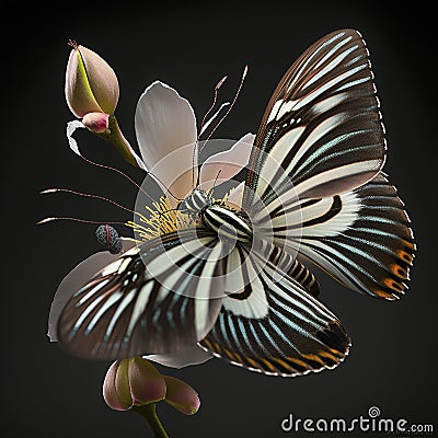 A close-up of a zebra butterfly hovering around a blossom Cartoon Illustration