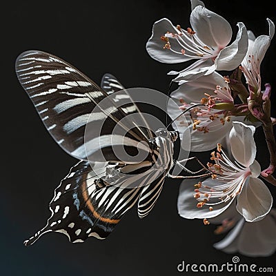 A close-up of a zebra butterfly hovering around a blossom Cartoon Illustration