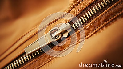 Close up of zipper on brown leather bag, AI Stock Photo
