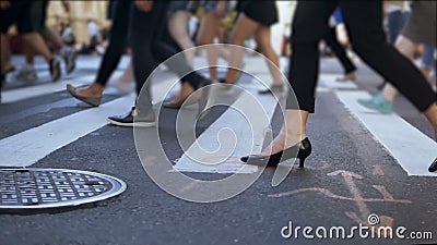 Close-upmening van modieuze vrouwelijke voeten Onderneemster die de weg in de stad in overvol kruisen Langzame Motie stock footage Close-upmening van modieuze vrouwelijke voeten Onderneemster die de weg in de stad in overvol kruisen Langzame Motie stock footage
