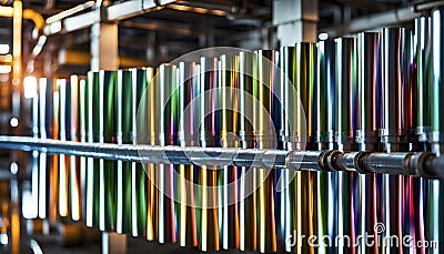 Close-ups of colorful reflective industrially manufactured metal parts stored next to each other after production Stock Photo