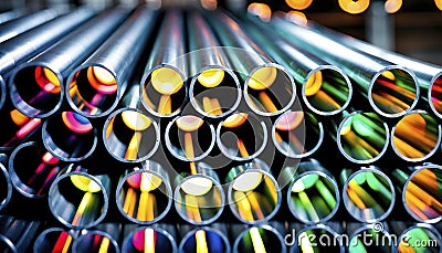 Close-ups of colorful reflective industrially manufactured metal pipes stored next to each other after production Stock Photo