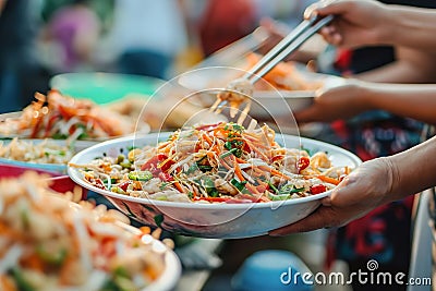 Close-ups of multicultural people enjoying local delicacies on exotic market in the vibrant atmosphere Stock Photo