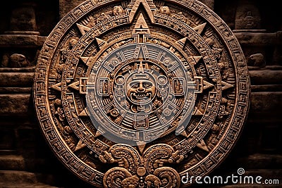 Close view of the ancient Aztec mayan calendar with round pattern and relief on stone surface created by generative AI Stock Photo