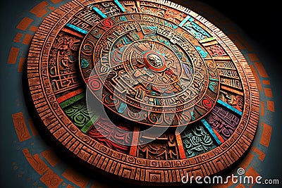 Close view of the ancient Aztec mayan calendar with round pattern and relief on stone surface. Neural network generated Stock Photo