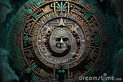 Close view of the ancient Aztec mayan calendar with round pattern and relief on stone surface. Neural network generated Stock Photo