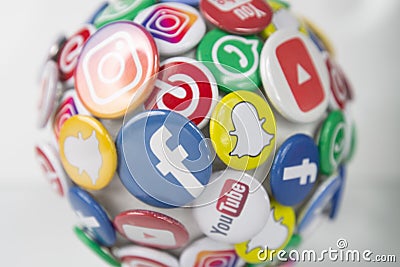 close view on a ball with various social media logos like facebook youtube twitter whatsapp and snapchat Editorial Stock Photo