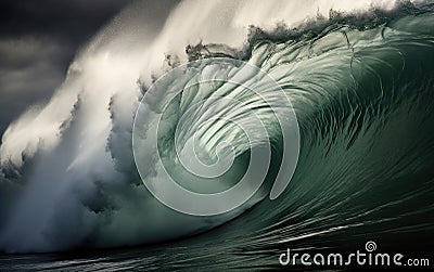 Close view of a big ocean cloudbreak wave in the sea showing its powerful swell on a dramatic grey cloudy day Stock Photo