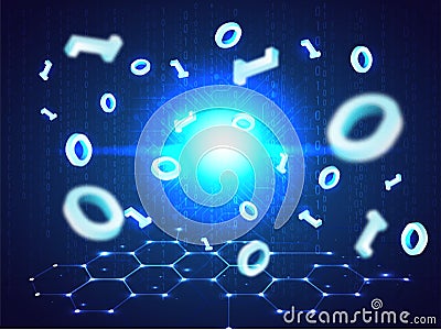 Close view of binary digits zero and one on hud, matrix background. Stock Photo
