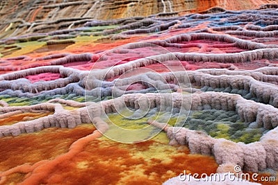 close view of colorful bacteria mats near a geothermal hot spring Stock Photo