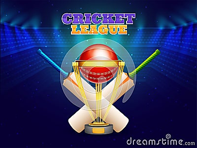 Close view of cricket bat with champion trophy award illustration on night stadium view background. Cartoon Illustration