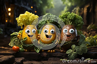 Close view of cute funny three vegetable faces in realistic magical fertile arable land. AI generated. Stock Photo