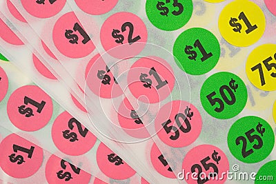 Close view of garage sale stickers Stock Photo