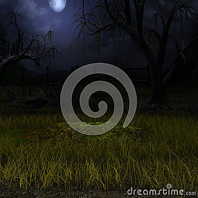 Close view of a grave under moonlight at night in the countryside Stock Photo