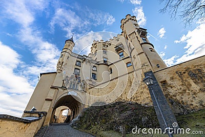Close view of the Hohenschwangau Castle at the entrance on a sunny day in winter, Schwangau, Bavaria Stock Photo