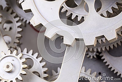 Close view of old clock mechanism with gears and cogs. Conceptual photo for your successful business design. Stock Photo