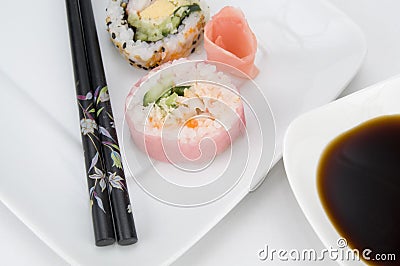 Close View of Pink Sushi with Soy Sauce Stock Photo