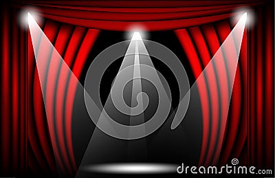 Close view of a red velvet curtain. Theater background Vector illustration, Teathre stage with spotlights Vector Illustration