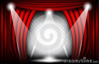 Close view of a red velvet curtain. Theater background Vector illustration, Teathre stage with spotlights Vector Illustration