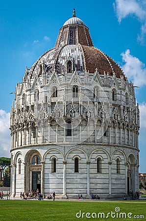 Close view of Romanesque Baptistery of St. John Baptistry at Piazza dei Miracoli Piazza del Duomo popular tourist attraction in Editorial Stock Photo