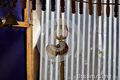 Close view of shiva's trishul and damroo hindu god shiva symbol Stock Photo