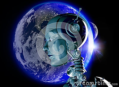 Android head close view over Earth Stock Photo