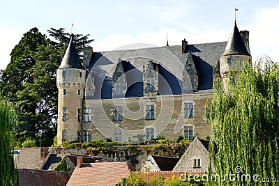 The castle overlooking the village of Montresor on the banks of the Indrois river Stock Photo