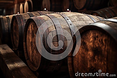 Close view of vintage wooden barrels in dark wine cellar of winery. Old oak casks in underground storage. Concept of vineyard, Stock Photo