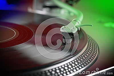 Close view of a vinyl record playing on a turntable Stock Photo