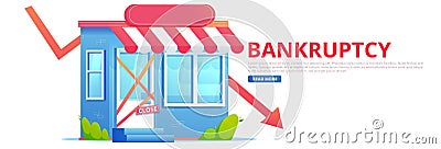 Closed bankruptcy store with falling arrow. Flat vector banner Vector Illustration