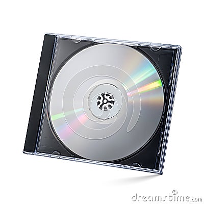 Closed black plastic disc box case CD jewel with silver disk isolated on white Stock Photo