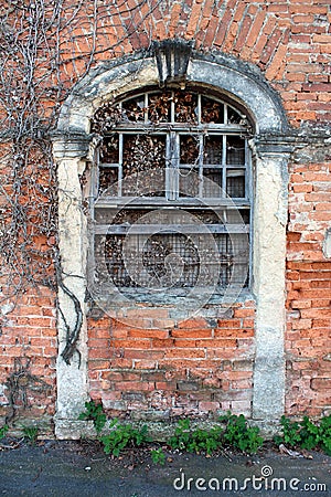 Closed and boarded creepy looking old venetian style red brick abandoned family house entrance covered with dried crawler plants Stock Photo