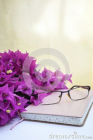 Closed book and glasses with pink Bougainvillea flowers Stock Photo
