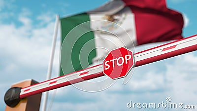 Closed boom barrier with stop sign against the Mexican flag. Restricted border crossing or certain ban in Mexico. 3D Stock Photo