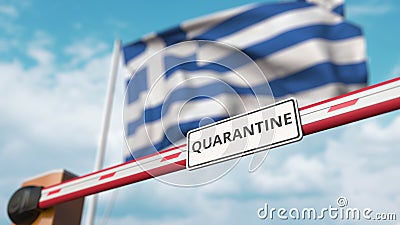 Closed boom gate with QUARANTINE sign on the Greek flag background. Border closure or infection related isolation in Stock Photo