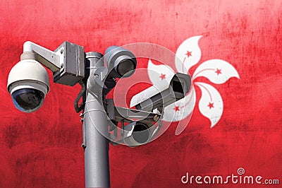 Closed circuit camera Multi-angle CCTV system against the background of the national flag of Hong Kong Stock Photo